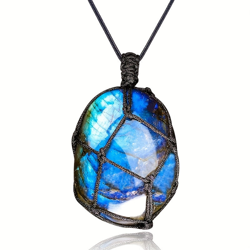 1pcs Natural Labradorite Necklace Pendant Healing Crystal Stone Braided Black Tassel Labradorite Crystal Jewelry For Men Women