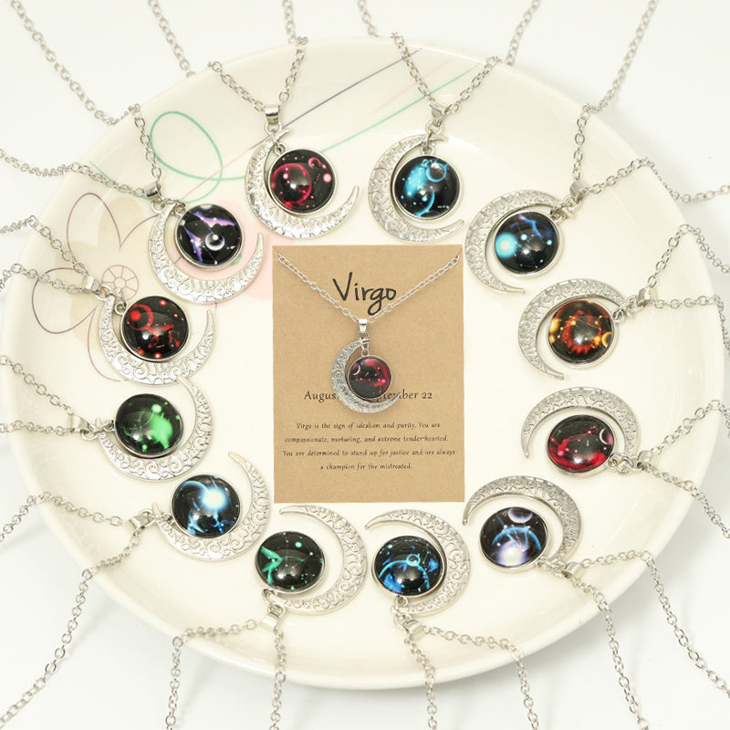 Cross-border New Luminous 12 Zodiac Necklace Retro Moon Pendant Card Short Necklace, father's day gift