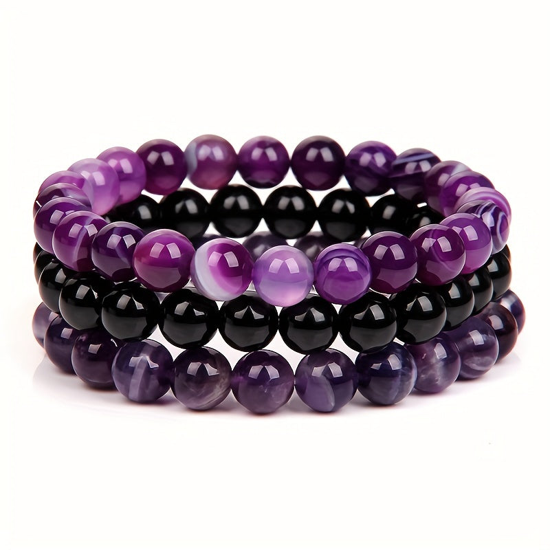 3pcs 8mm Natural Stone Beads Men's & Women's Bracelet: Rose Quartz & Agate Combination