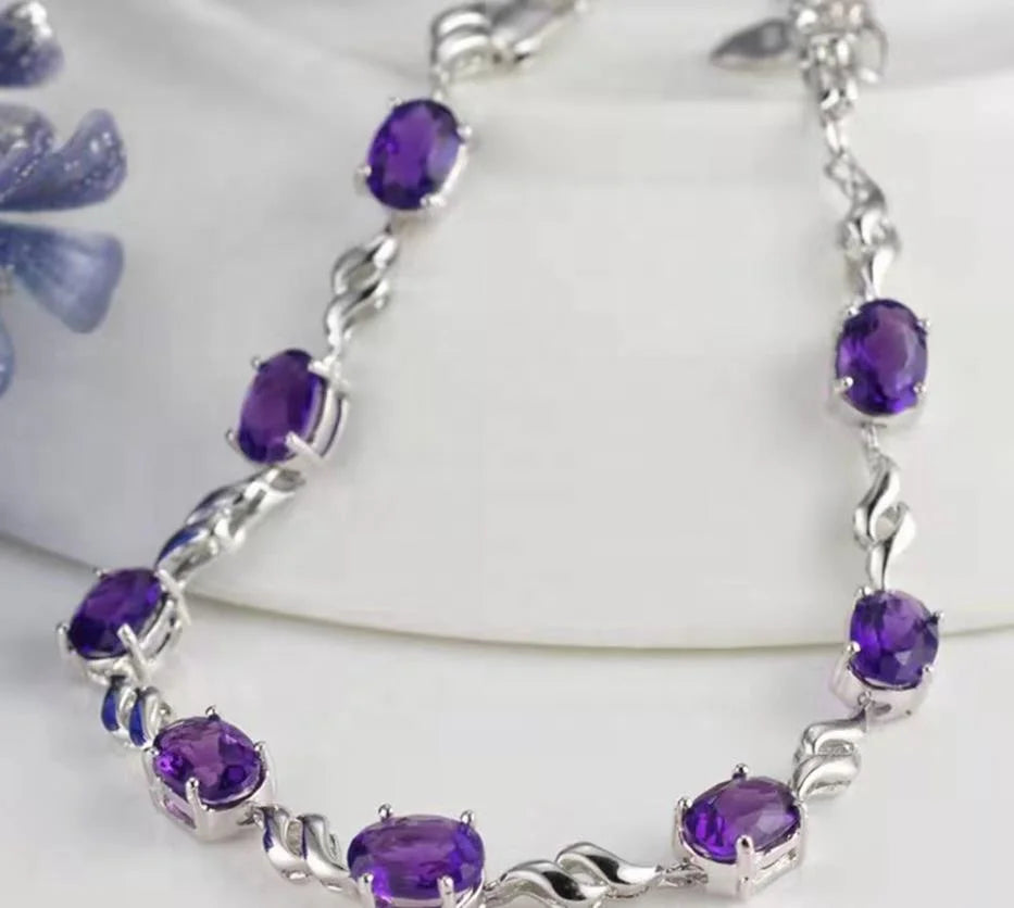 Manufacturer High Quality Jewelry Oval Purple Crystal Bracelet Wholesale 100% 925 Sterling Silver Amethyst Bracelet for Women