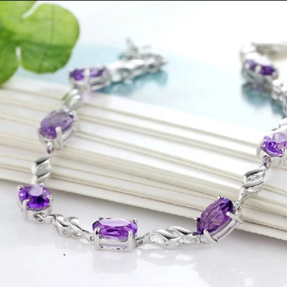 Manufacturer High Quality Jewelry Oval Purple Crystal Bracelet Wholesale 100% 925 Sterling Silver Amethyst Bracelet for Women