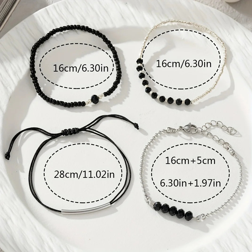 Fashionable Handmade Black Crystal Mini Bead WWomen's Bracelet Set Vacation Party Jewelry