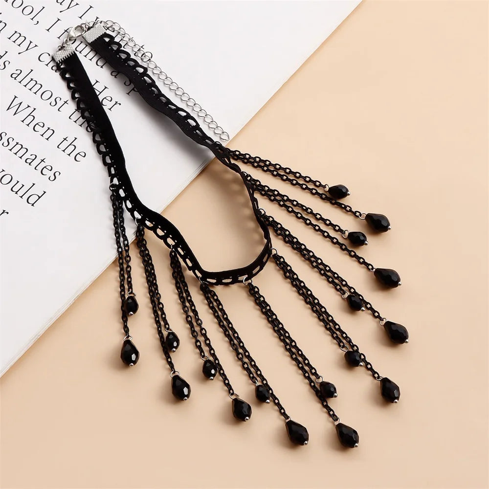 Black Crystal Gothic Feng Shui Drip Tassel Necklace Lolita Lace Neckchain Necklace Ornament