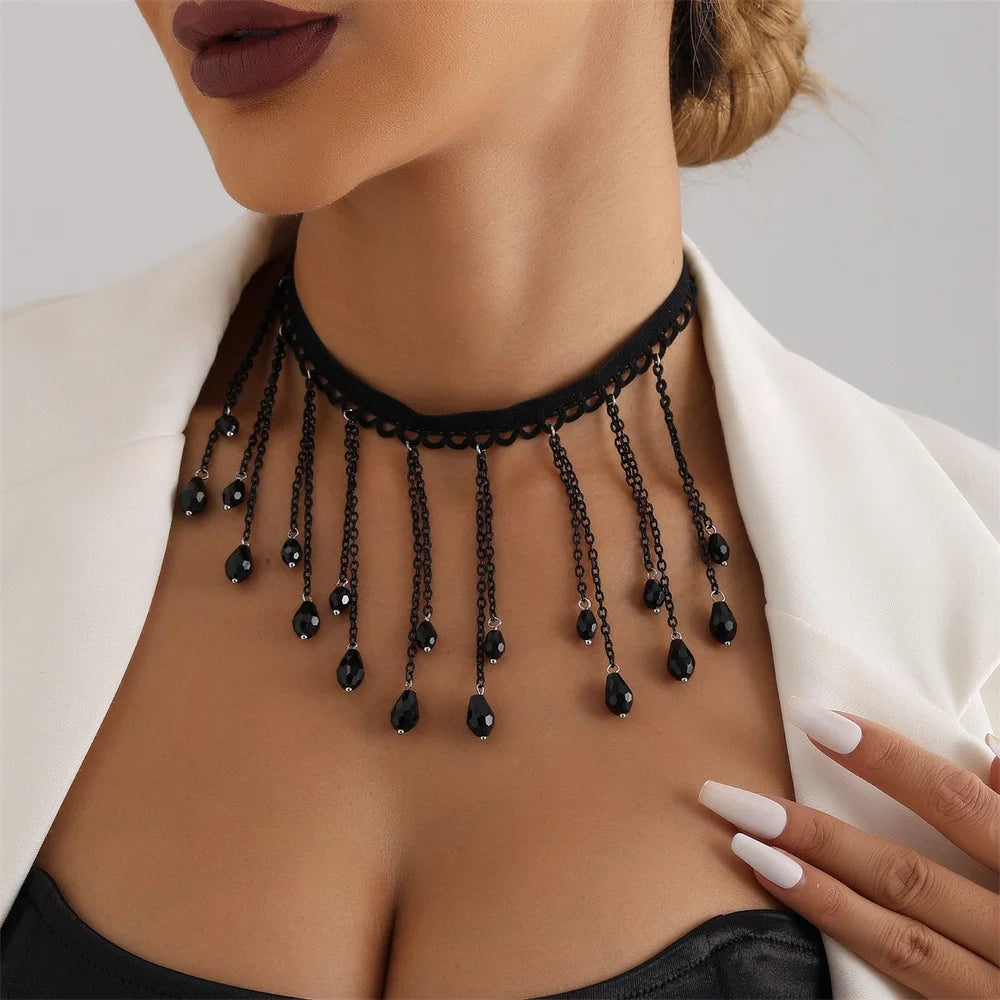 Black Crystal Gothic Feng Shui Drip Tassel Necklace Lolita Lace Neckchain Necklace Ornament
