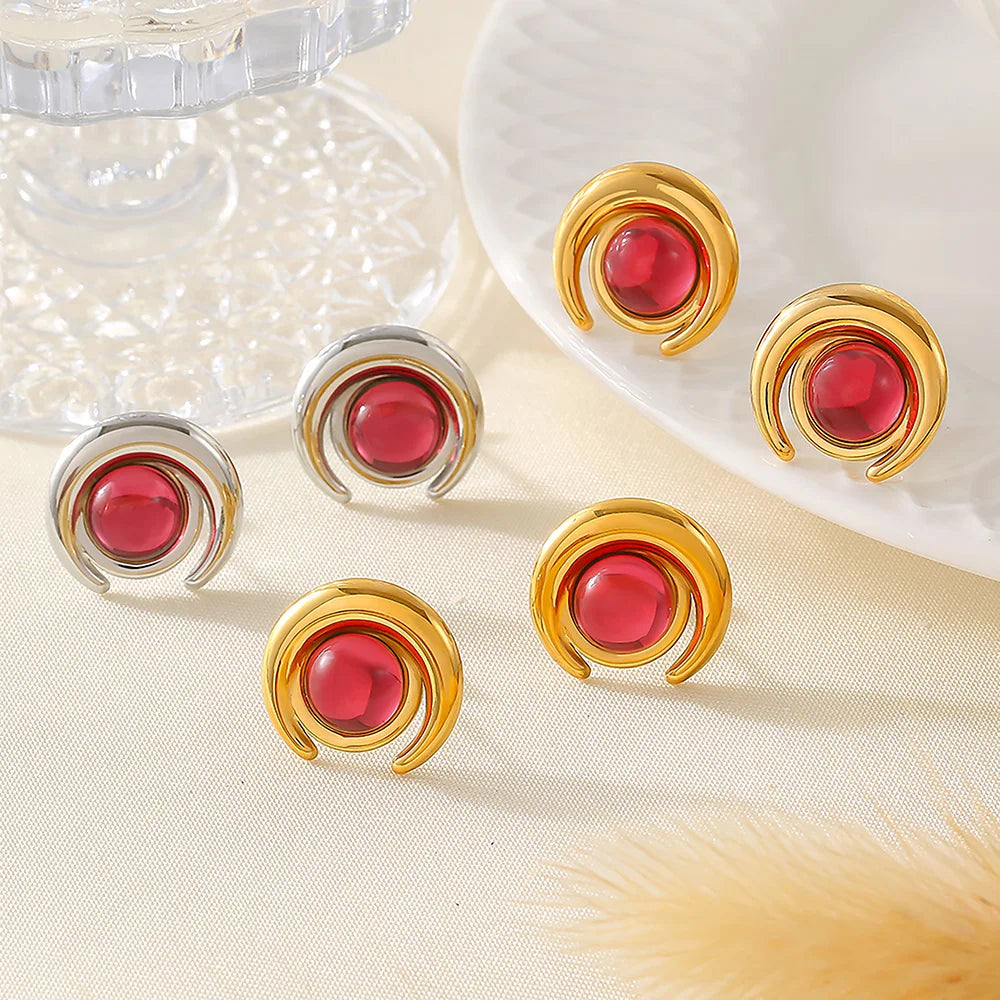 Garnet Red Stainless Steel Rings For Women Garnet Gold Plated Waterproof Round Ring Charm Luxury Jewelry Gift Wholesale