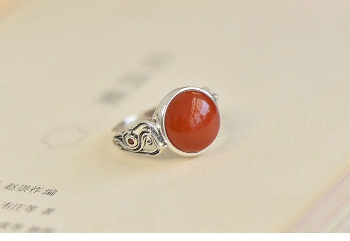 Vintage Ethnic Style Classic Southern Red Tourmaline Round Rings for Women Ring Banquet Party design Silver Jewelry gift