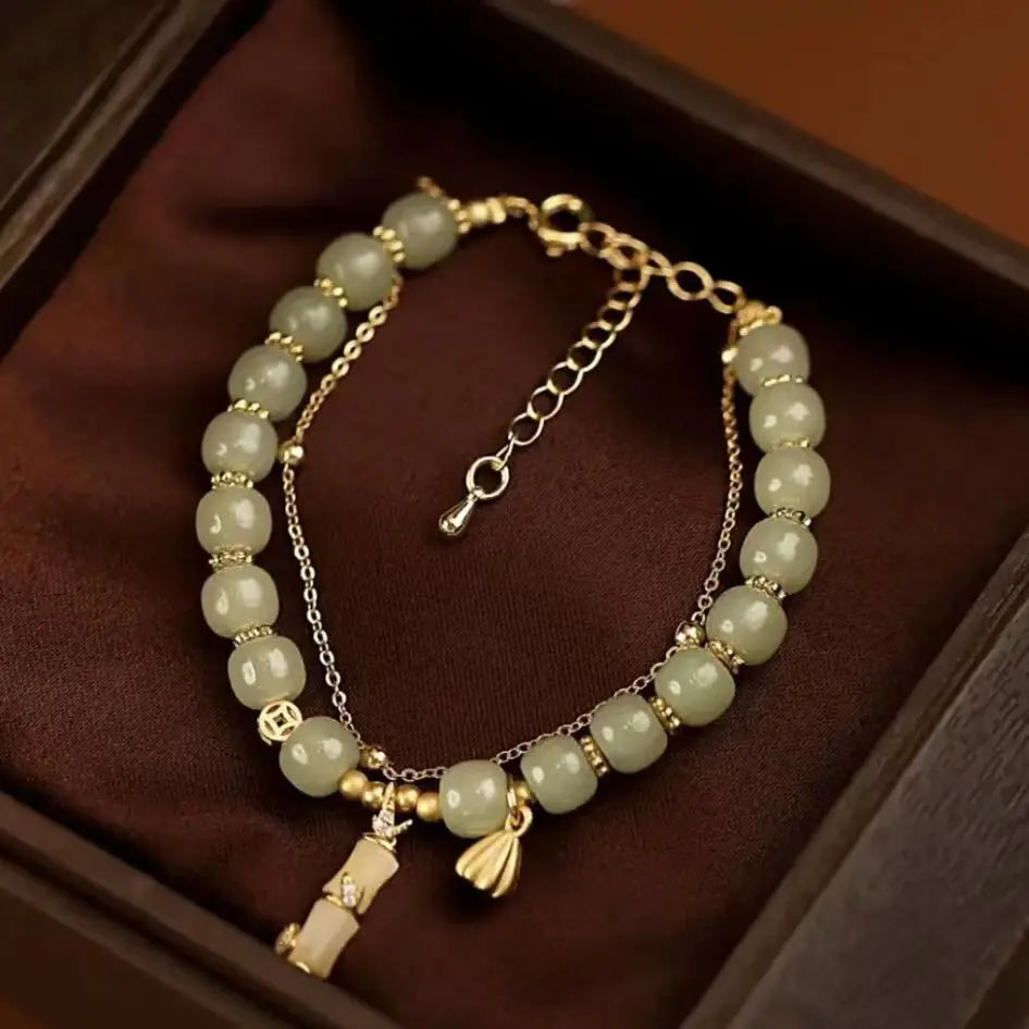 VENTFILLE Gold Color For Women's Hetian Jade Bracelet Leaves Double Layer Jewelry Girls Gifts Dropshipping