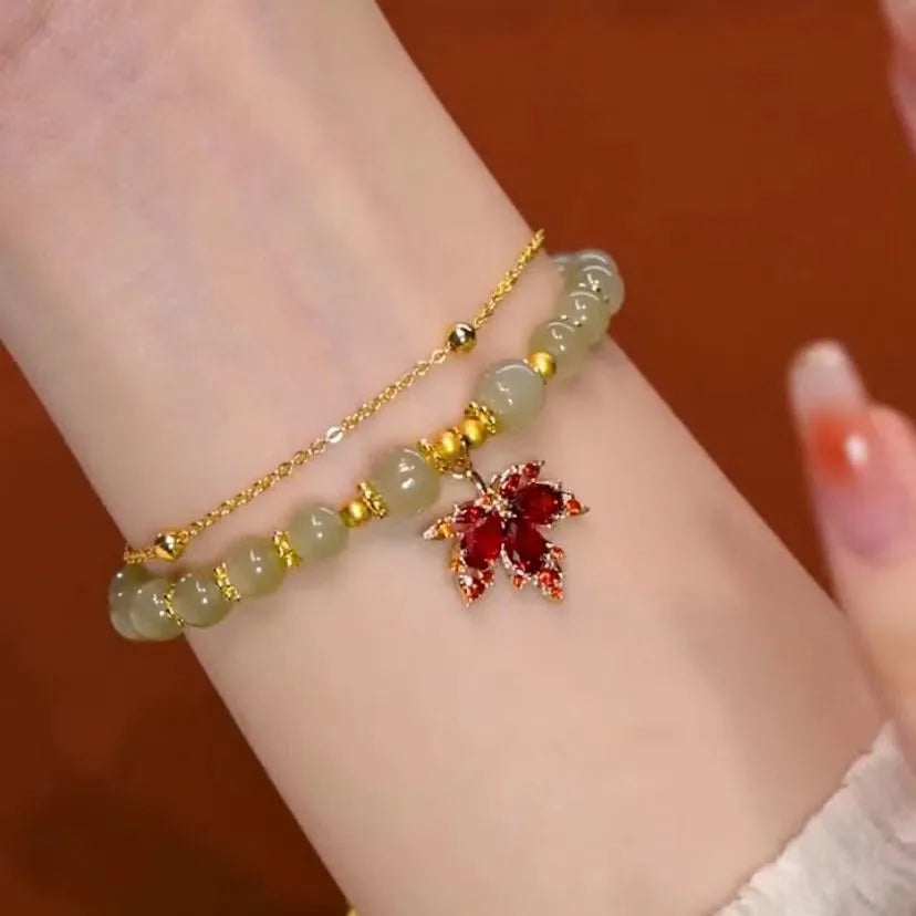 VENTFILLE Gold Color For Women's Hetian Jade Bracelet Leaves Double Layer Jewelry Girls Gifts Dropshipping