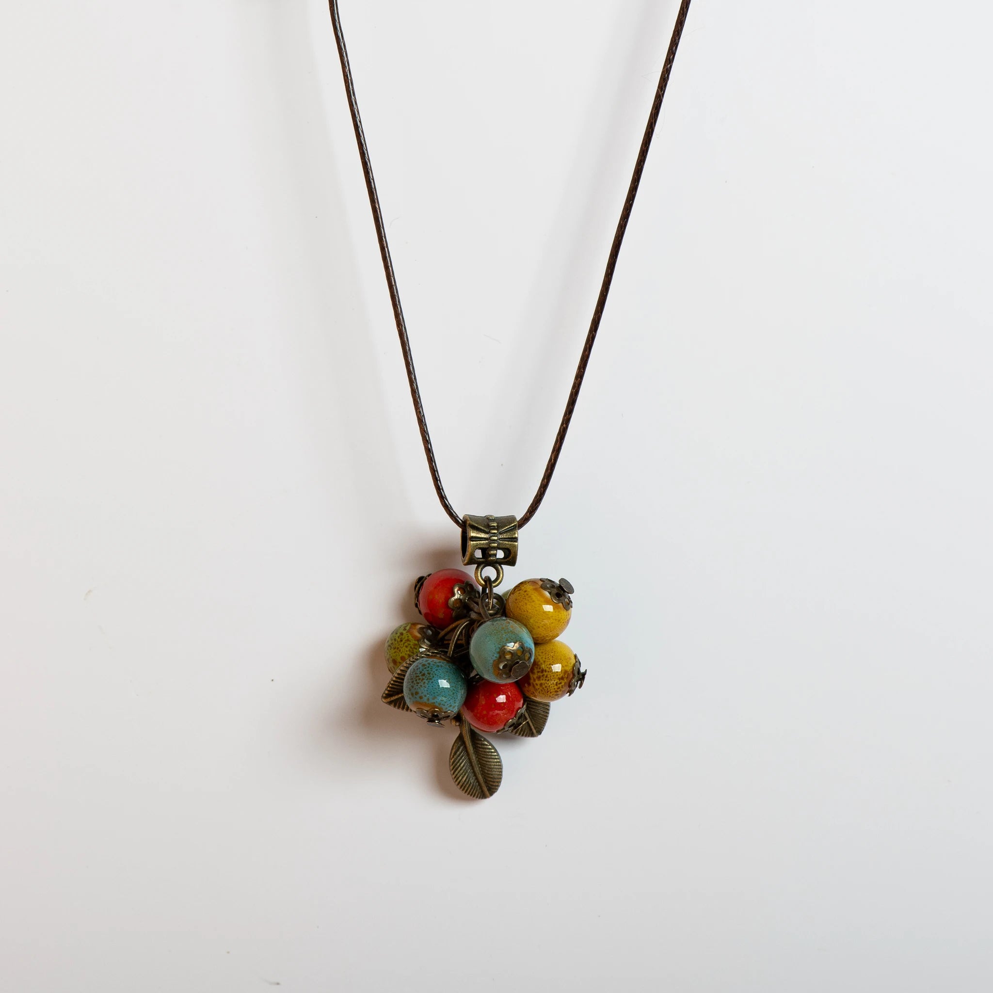 Handmade Adjustable Long Necklace Ceramic Beads Boho Style Pendant Multicolor Jewelry