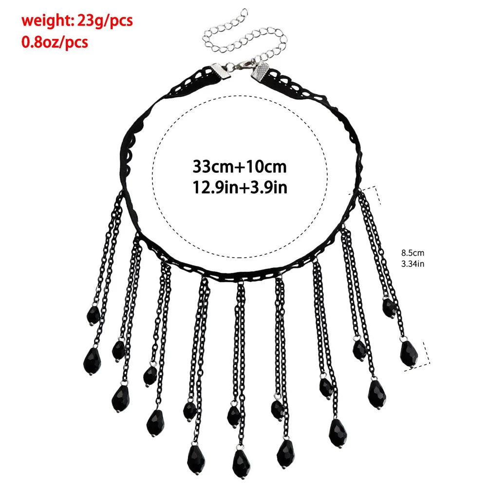 Black Crystal Gothic Feng Shui Drip Tassel Necklace Lolita Lace Neckchain Necklace Ornament