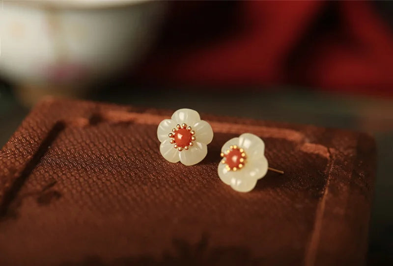 Natural Hotan Jade White Flower earrings for women Vintage South Red Tourmaline Plum Blossom earings stud Chinese Style Jewelry