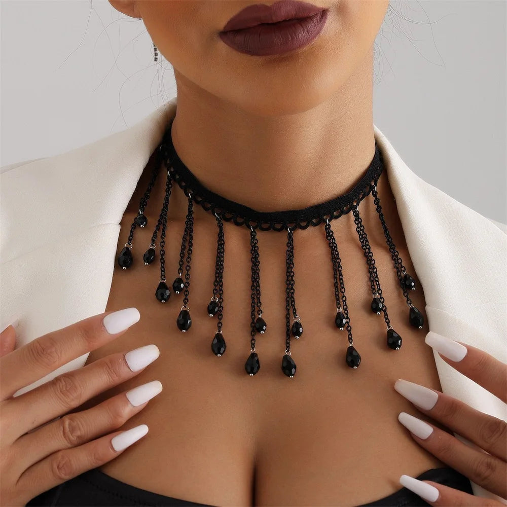 Black Crystal Gothic Feng Shui Drip Tassel Necklace Lolita Lace Neckchain Necklace Ornament