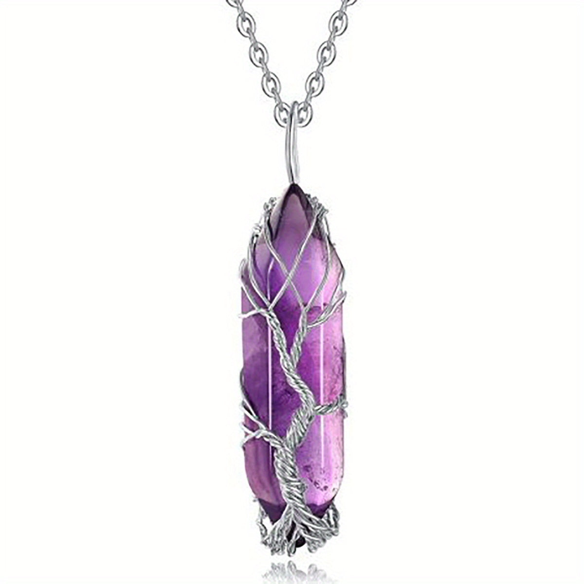 1pc Tree Of Life Wire Wrapped Crystal Point Pendant Necklace, Reiki Healing Crystal Stone Necklaces, Natural Hexagonal Gemstone Quartz Jewelry For Women