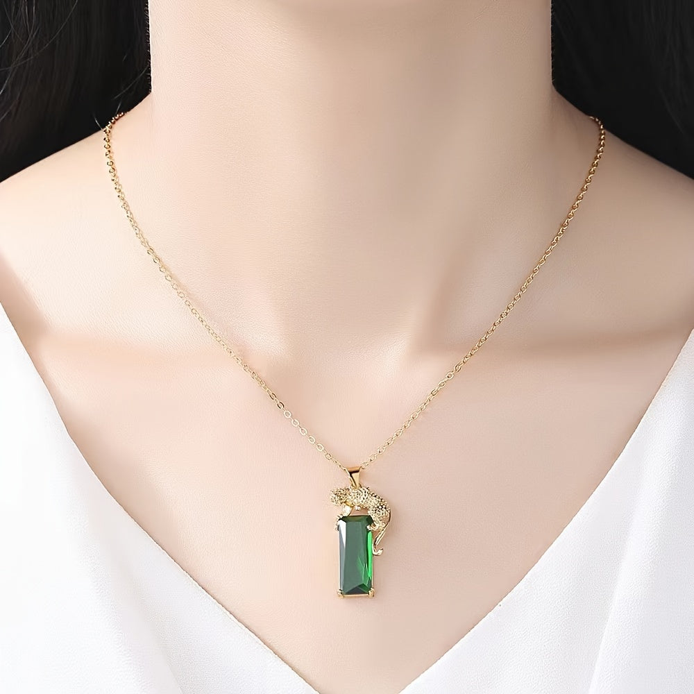 Elegant Leopard Emerald Rectangular Zircon Decor Necklace Earrings Bracelet Set Luxury Jewelry Set For Banquet And Wedding Wearing