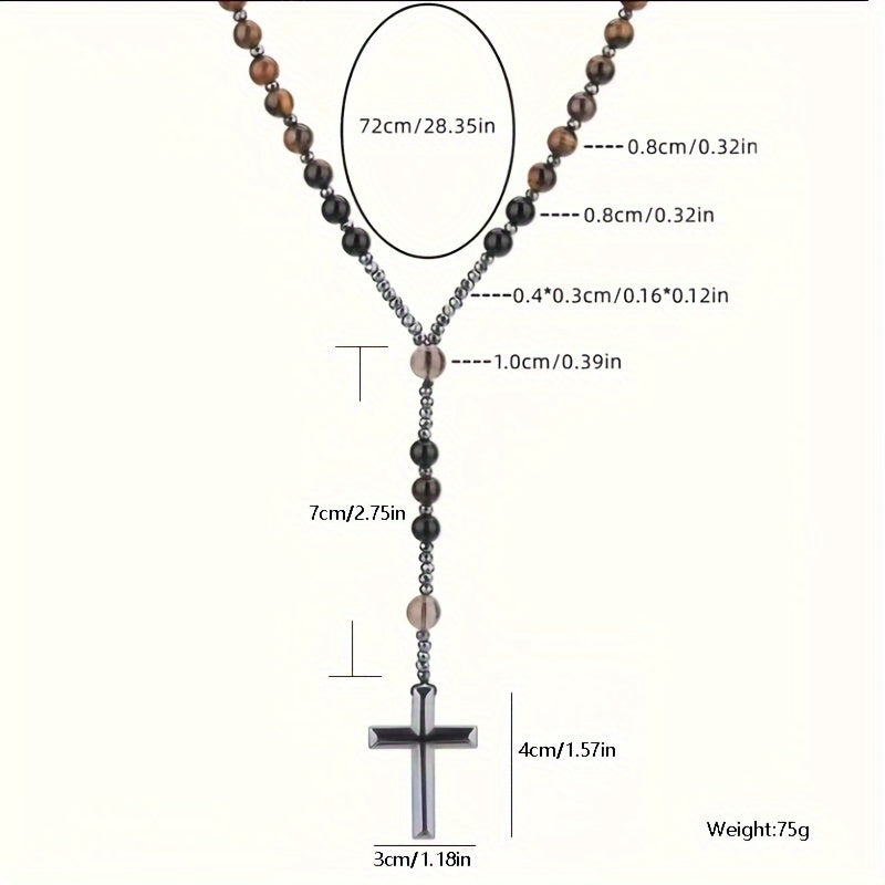1pc Natural Tiger Eye Round Bead Long Chain Necklace with Hematite Cross Rosary Beads, Men's Jewelry for Spiritual Style