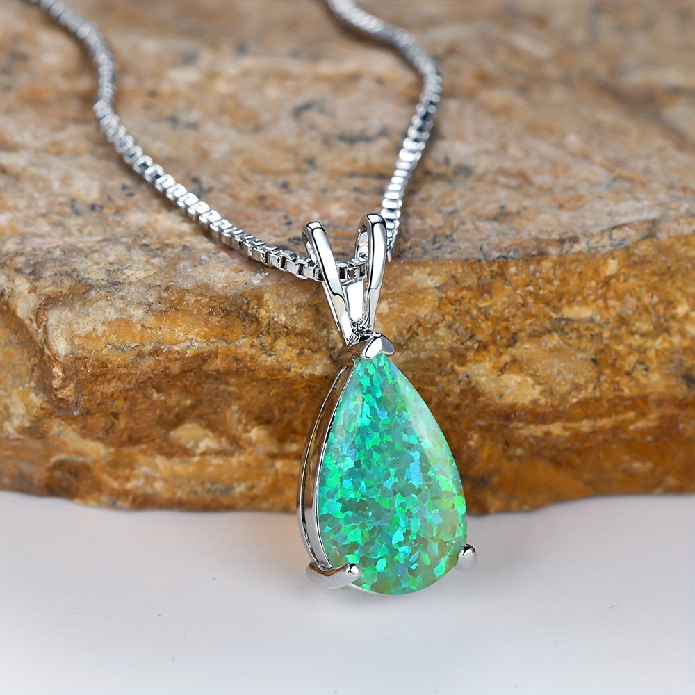 Mystic Blue Green Purple Fire Opal Necklace Water Drop Stone Pendant Clavicle Necklaces For Women Silvery Wedding Banquet Party Light Luxury Elegant Women's Jewelry