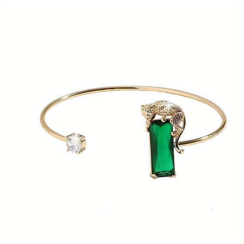 Elegant Leopard Emerald Rectangular Zircon Decor Necklace Earrings Bracelet Set Luxury Jewelry Set For Banquet And Wedding Wearing