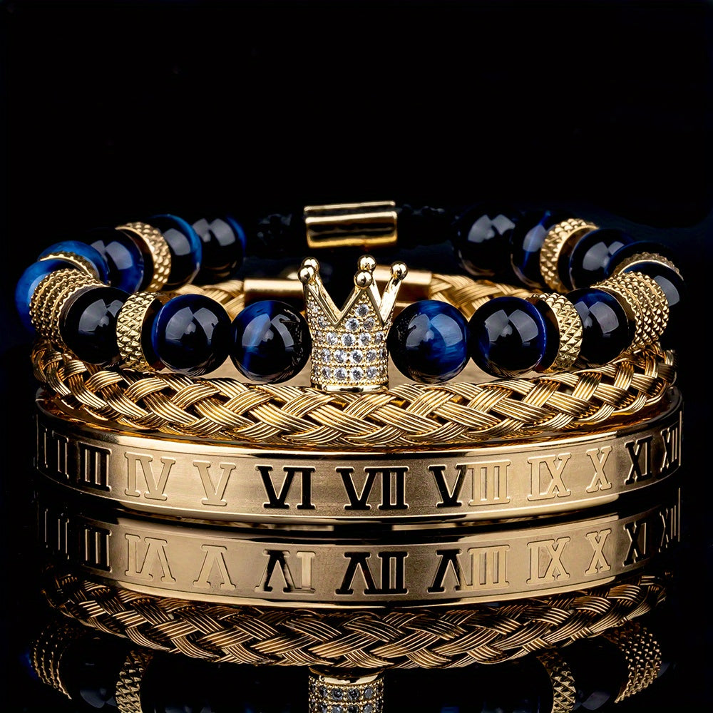 3pcs Roman Royal Crown Charm Men Bracelet, Stainless Steel Tiger's Eye Stone Geometry Open Adjustable Bracelets Couple Jewelry
