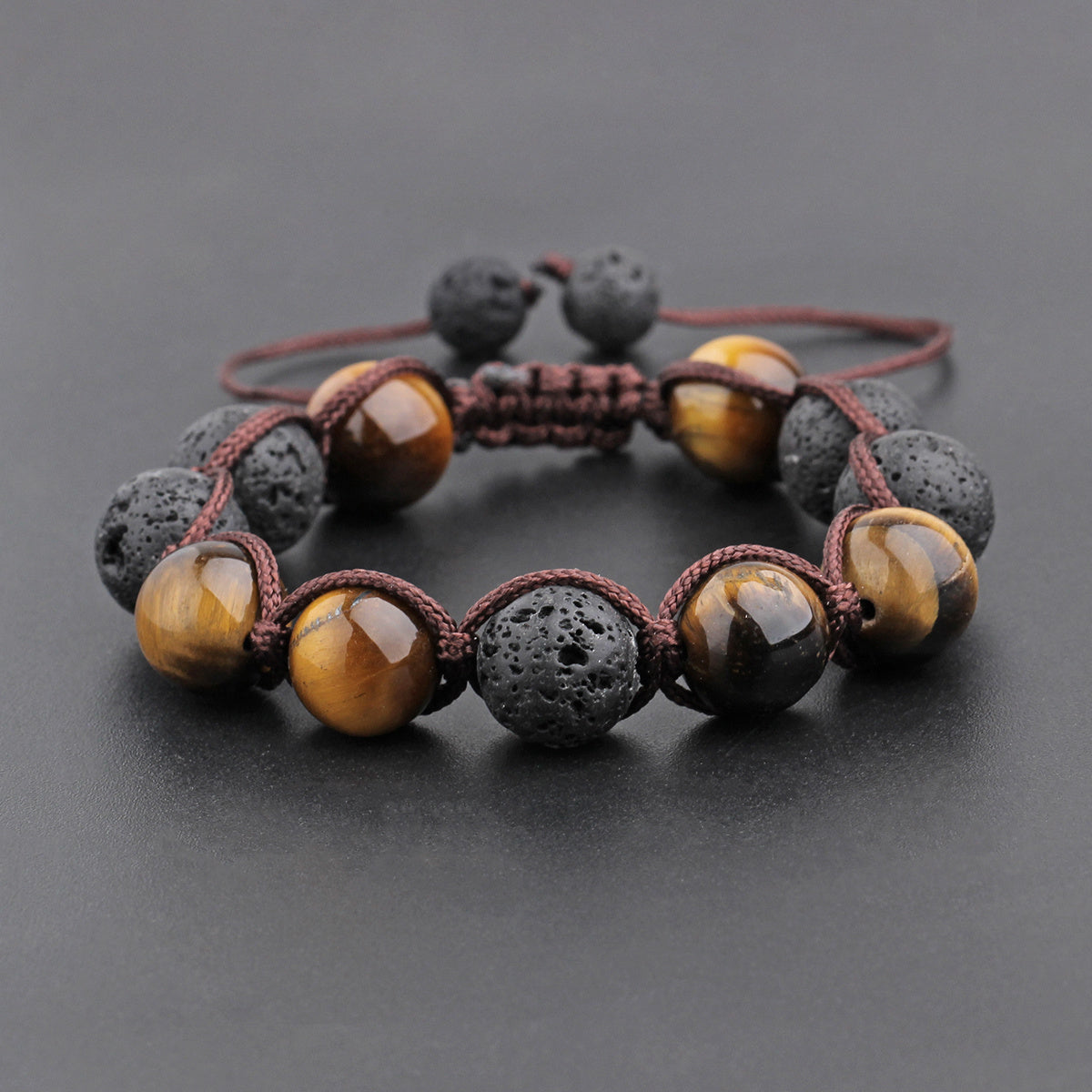 1pc 12MM Tiger Eye Volcanic Stone Adjustable Beaded Bracelet