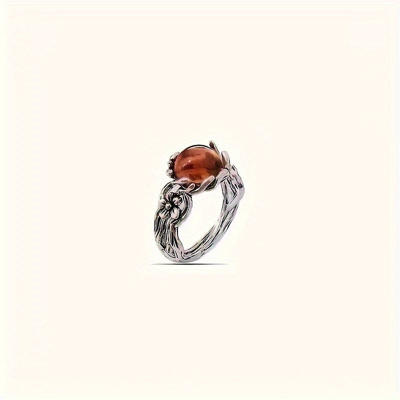 1PC New Ancient Water Drop Anti Amber Stone Honey Wax Ring with Carved Flowers and Branches, Elegant and Elegant Style Ring for Men and Women