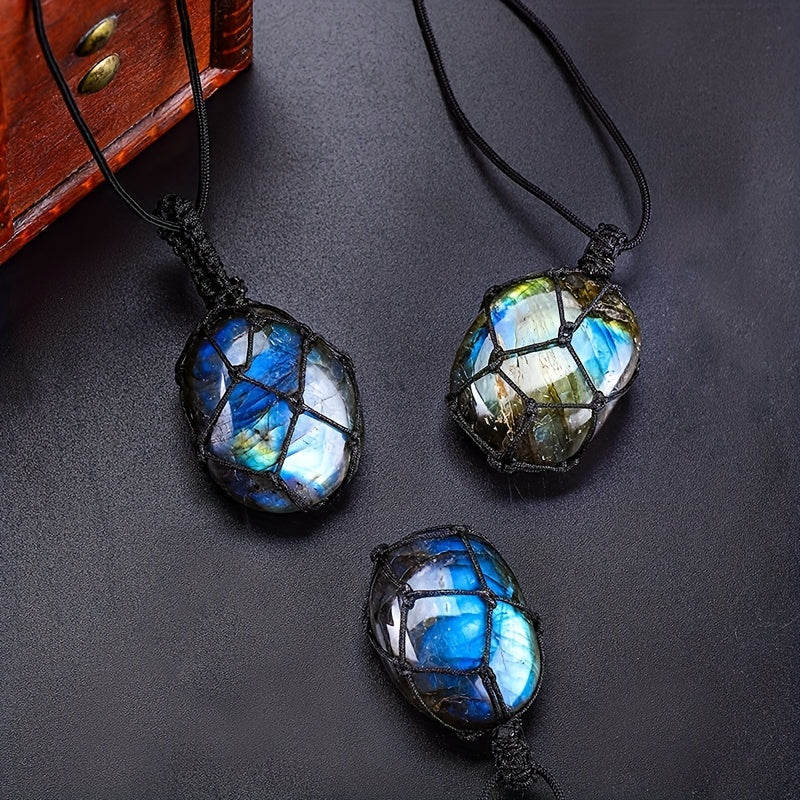 1pcs Natural Labradorite Necklace Pendant Healing Crystal Stone Braided Black Tassel Labradorite Crystal Jewelry For Men Women